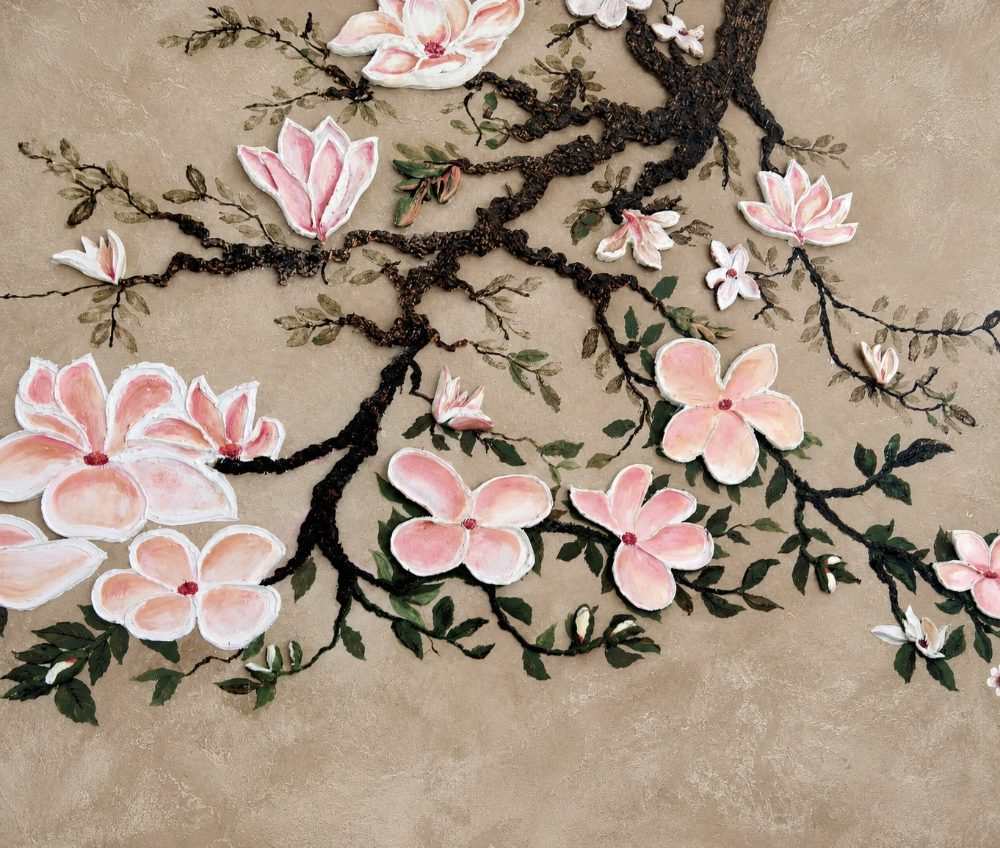 Magnolia branch in plaster relief and pigment
