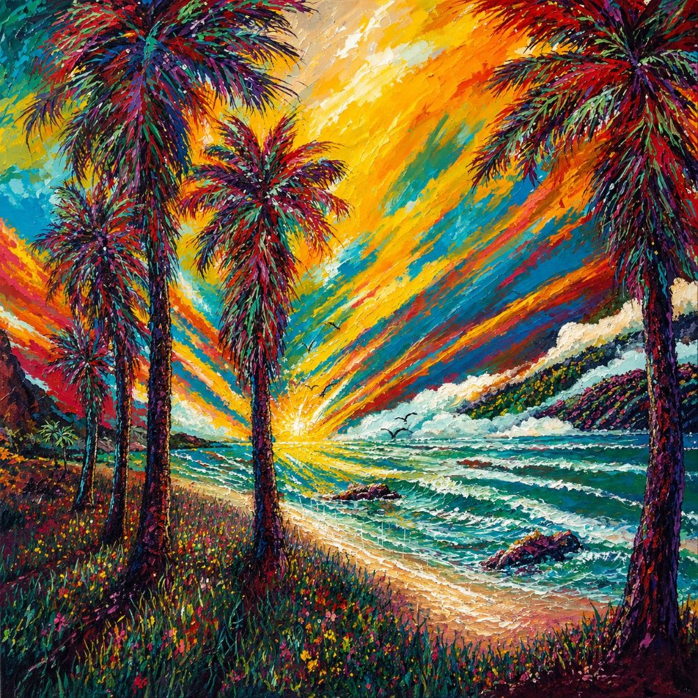 Palms at Sunrise, oil on canvas