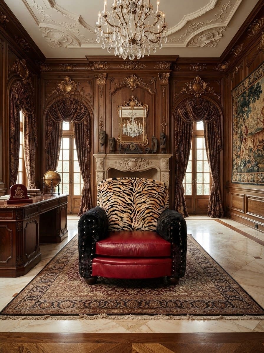 The club chair on a Persian rug in a carved walnut-paneled study with a crystal chandelier