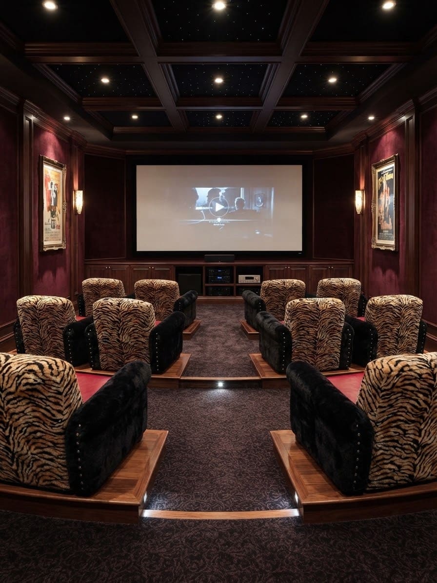 Rows of the tiger-stripe club chairs on tiered walnut platforms in a private home theater