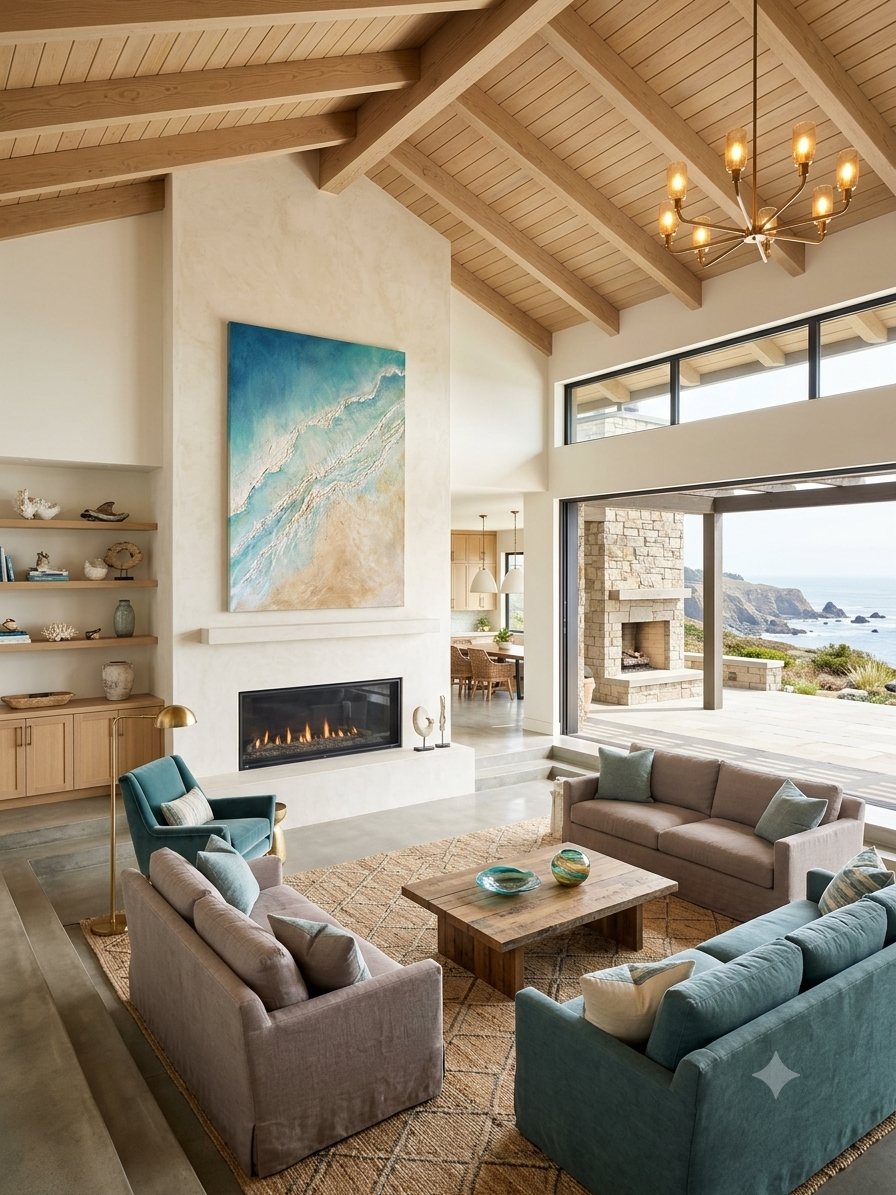 A commissioned shoreline canvas above a plaster fireplace in an open-beam coastal roomll height