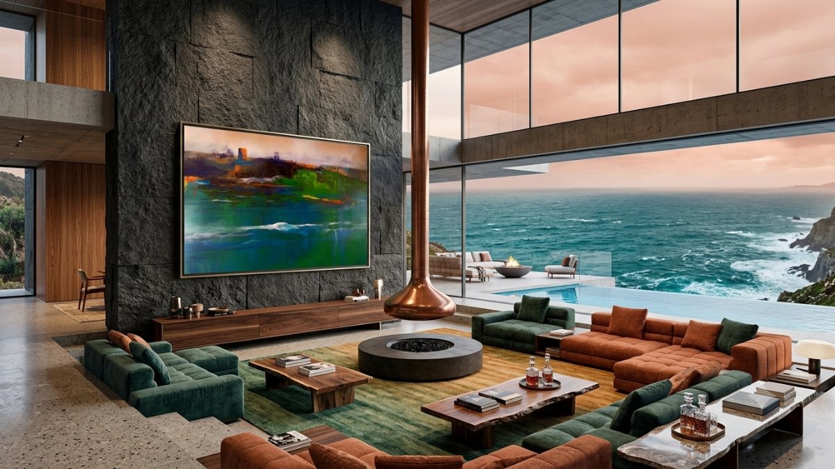 A coastal abstract placed on a dark stone wall in a clifftop living room shown on an easel