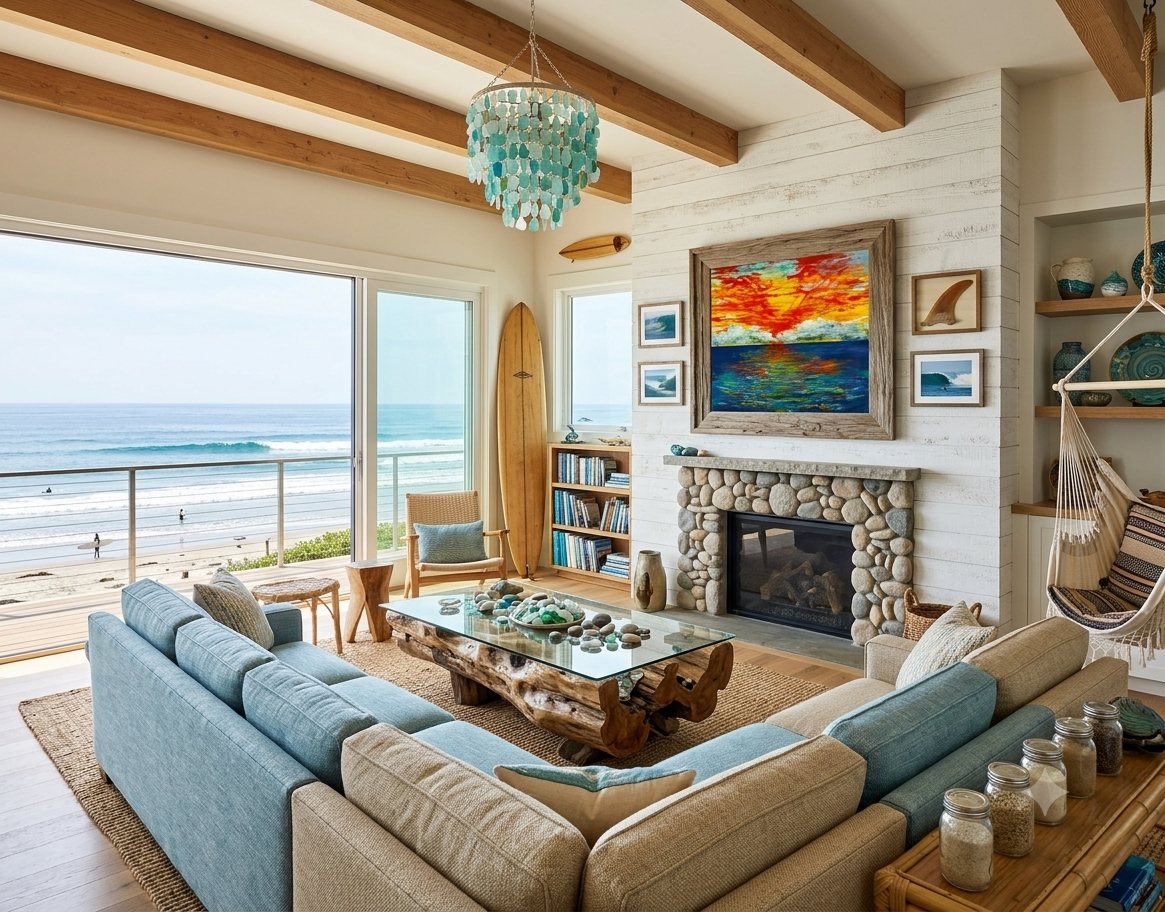 A sunset canvas in a driftwood frame above a river-stone hearth in a beach house