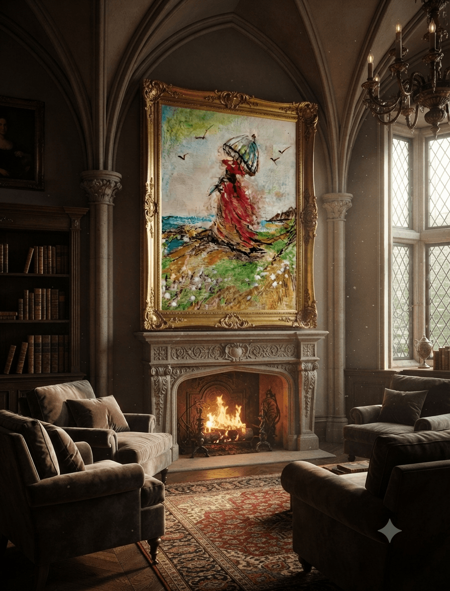 A figure with a parasol on a coastal bluff, in a carved gilt frame above a stone fireplace in a vaulted Gothic room