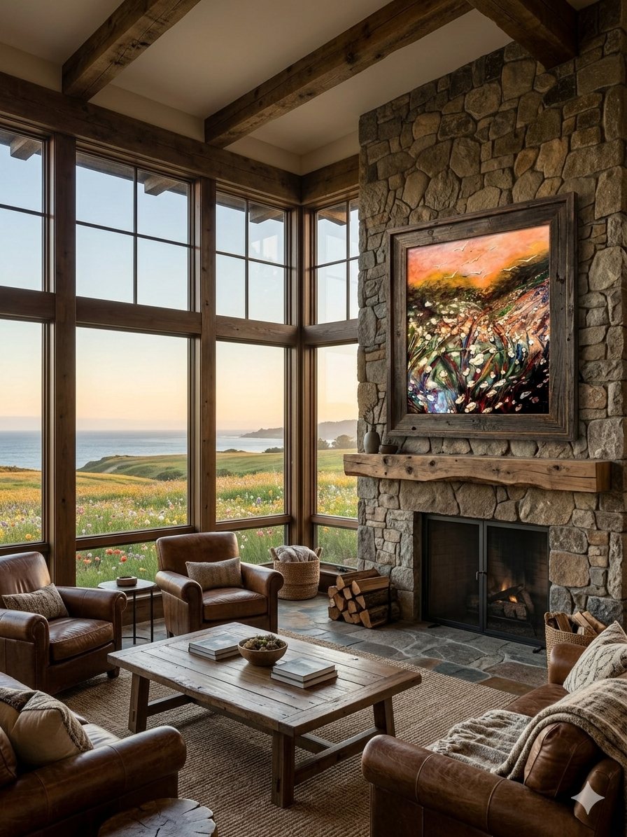 A plastered stone chimney breast carrying a framed canvas in a beamed room