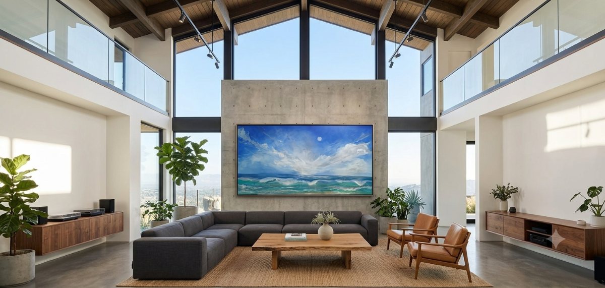 A wide sky and surf composition filling a board-formed concrete wall in a double-height great room