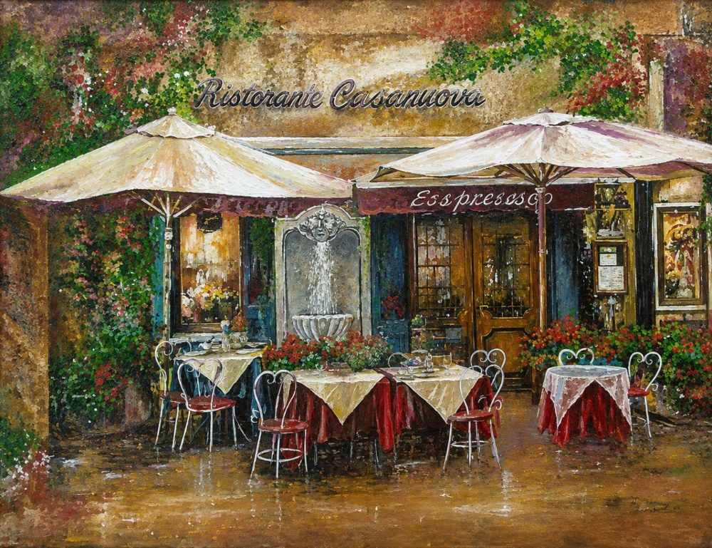 Ristorante Casanuova, oil on canvas by Eduard Franz Rijborz: a rain-washed cafe terrace with umbrellas and a fountain