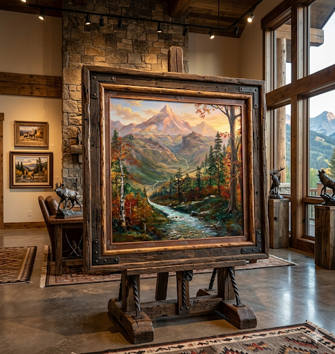 Alpine Waters shown on a timber easel in a stone-walled great room