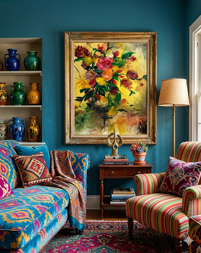Bouquet in Ochre hanging on a teal wall above a patterned sofa
