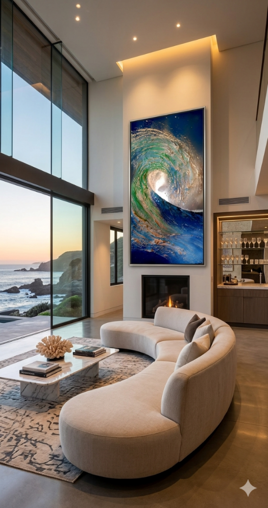 The Curl hanging above a fireplace in a double-height oceanfront room