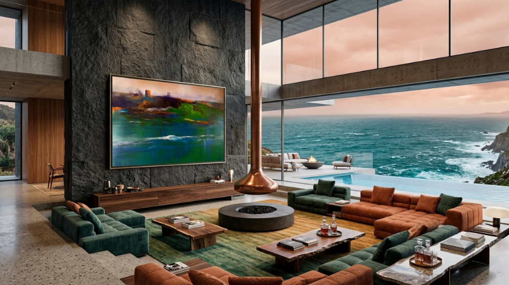 Estuary at Dusk hanging above a low walnut console in an oceanfront living room