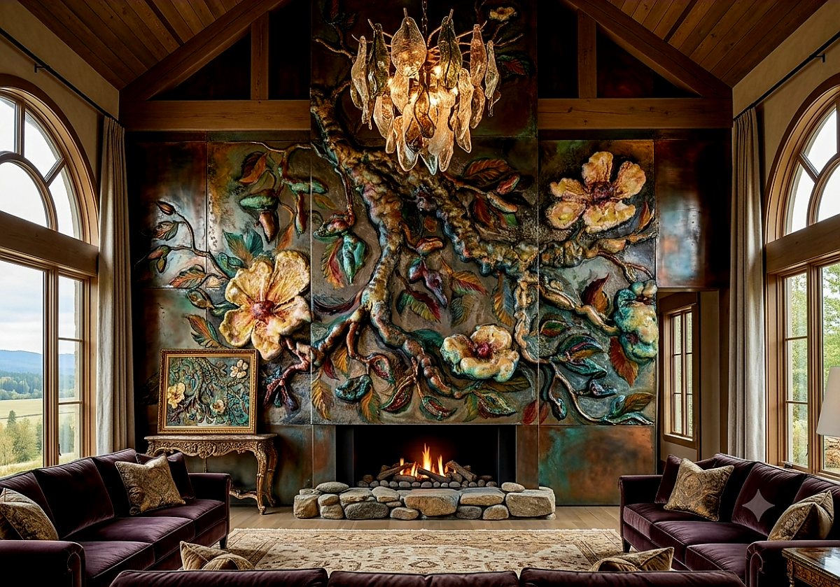 Magnolia Branch worked at full wall scale in relief above a fireplace in a beamed great room