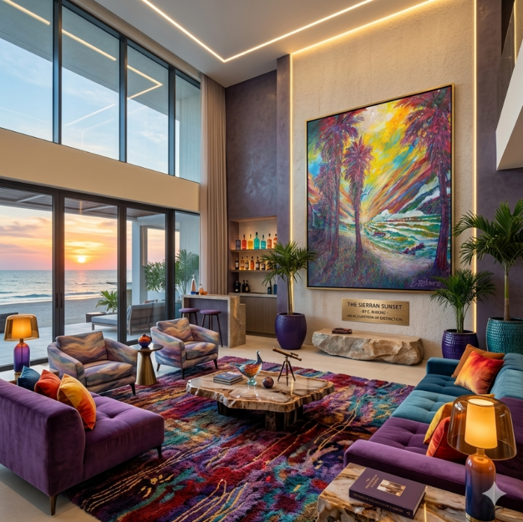 Palms at Sunrise hanging above a bar in a beachfront living room
