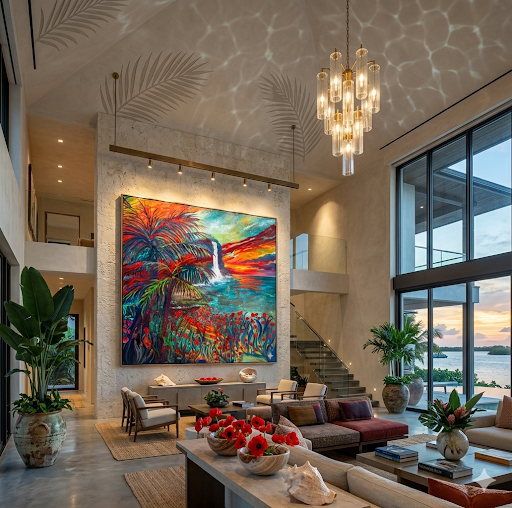Falls and Poppies hanging on a stone wall in a double-height coastal room