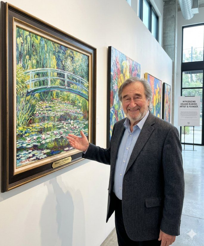 Eduard Rijborz standing beside one of his paintings in the gallery